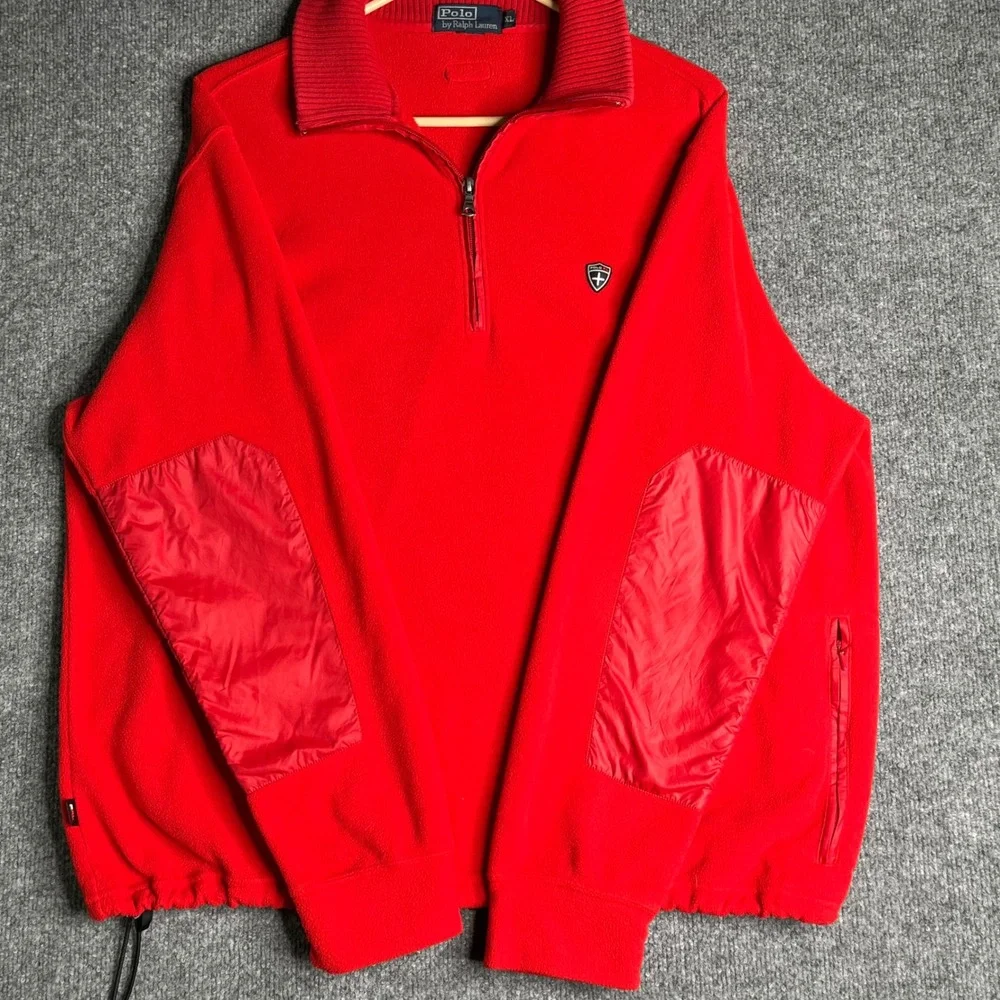 Polo Ralph Lauren Mens XL Red Fleece Quarter Zip Pullover Elbow Patches Logo VTG